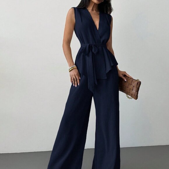 navy blue Elegant Women's Surplice Sleeveless Belted Blouse & Wide leg Pant Set - Picture 1 of 7